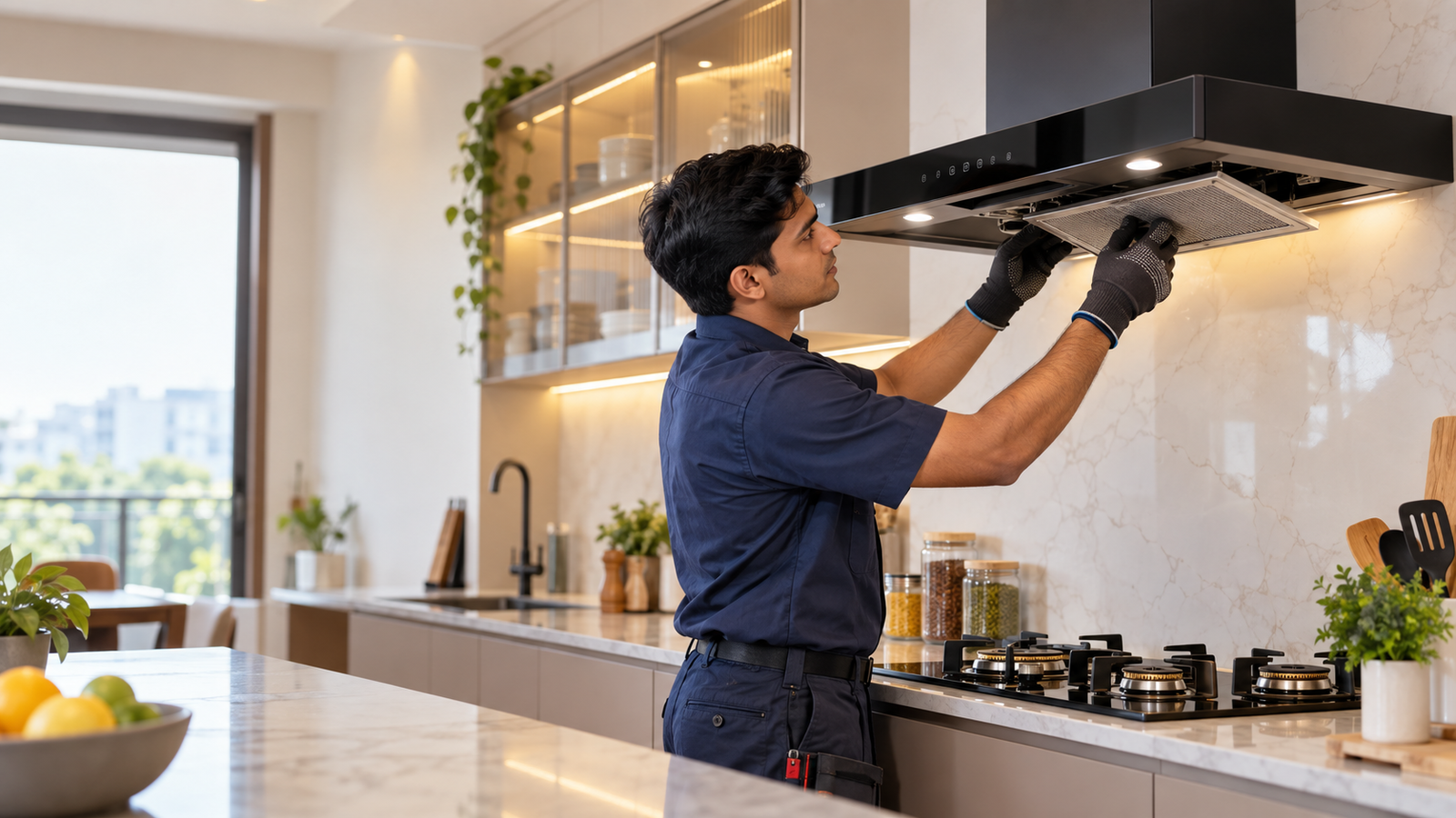 Technician servicing kitchen chimney in Borivali